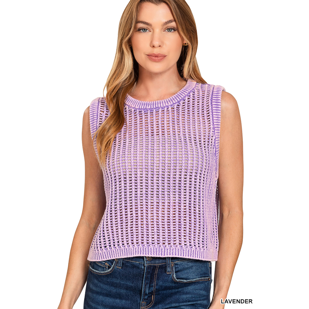 Z4 LAVENDER Zenana Acid Washed Fishnet Sweater Vest Various Sizes